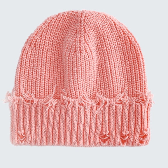 Fashion Knit Winter Dilapidated Hole Y2k Beanies Unisex Hip-Hop Solid Warm Hat for Women Men Caps Present (Pink)