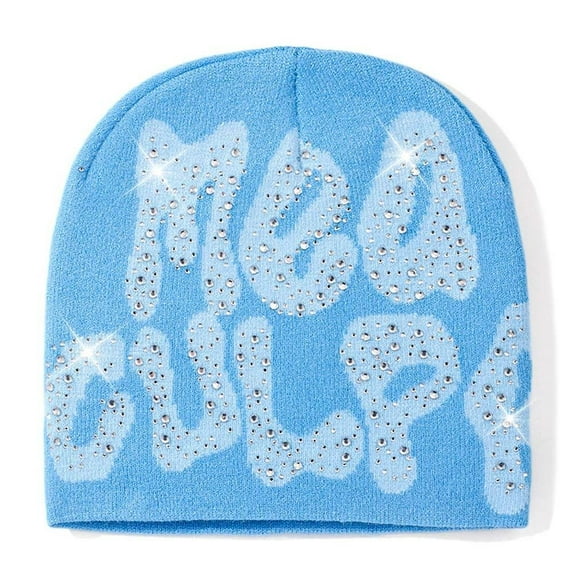 Fashion Knitted Soft Warm Slouchy Cap MEA Culpa Beanies Hat with Rhinestone Hip-hop Hat y2k Beanies Hats LIGHT BLUE