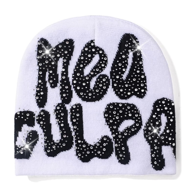 BLACK AND WHITE BEANIE mea culpa print DadaFash Beanie Y2k Hat Acrylic Knit Skull Cap MEA Culpa  main image 4