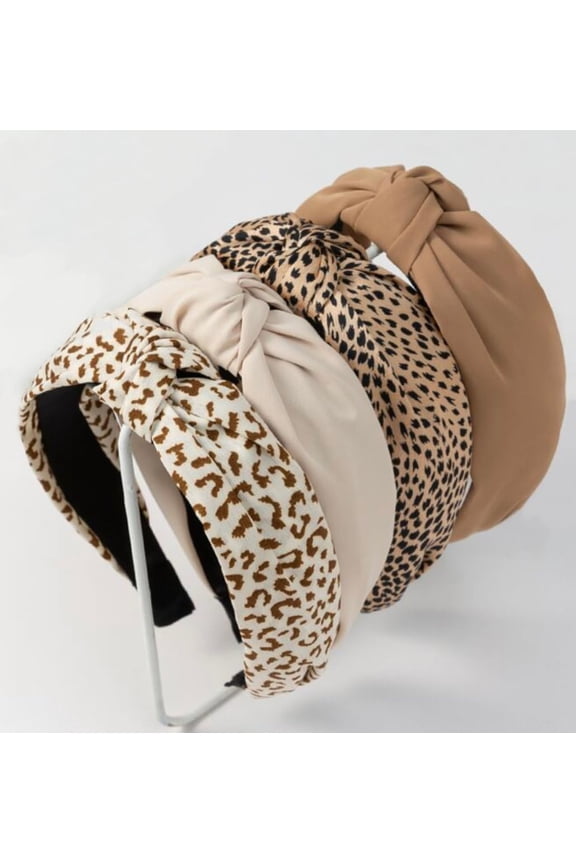 Fashion Knotted Leopard Print Headbands for Women Wide Non Slip Top Knot Hair Hoops in Beige and Brown 4 Pack