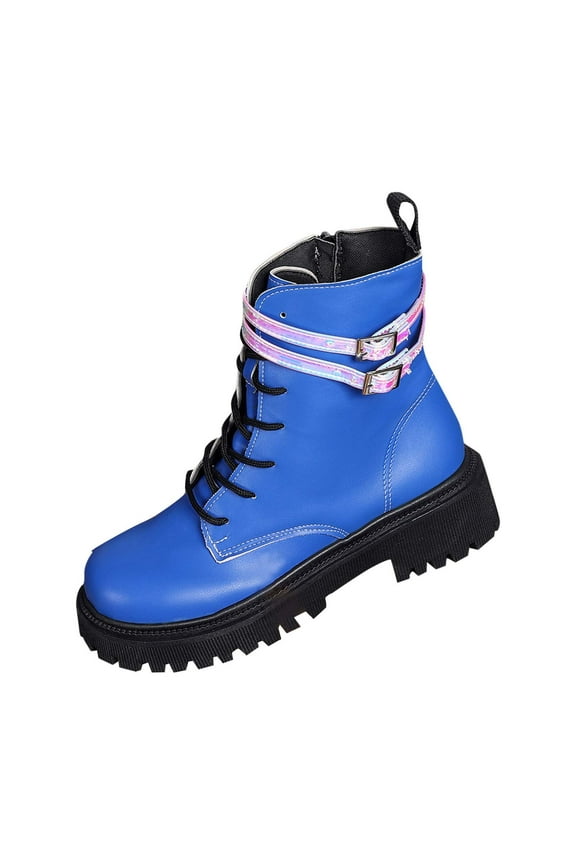 Fashion Lace-Up Mid-Calf Boots for Women Thick-Soled Casual Solid Color Stylish Fall and Winter Footwear for Everyday Wear Blue,36