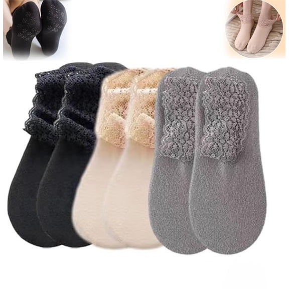 Fashion Lace Warmer Socks, Fall Winter Ruffle Non Slip Ankle Socks, With Lace Trim, Comfortable & Non-slip, Lace No Show Socks Women, Warm Non-slip & One Size Fit All, 6B