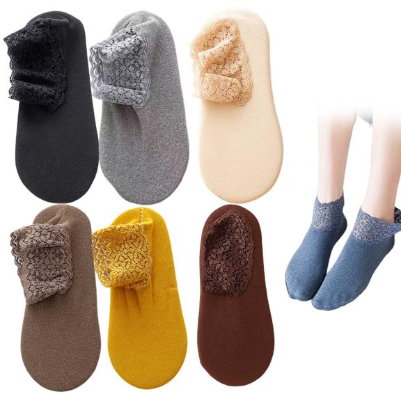 Fashion Lace Warmer Socks, Fall Winter Ruffle Non Slip Ankle Socks with Lace Trim for Home and Floor Use(6Pairs,Mix)