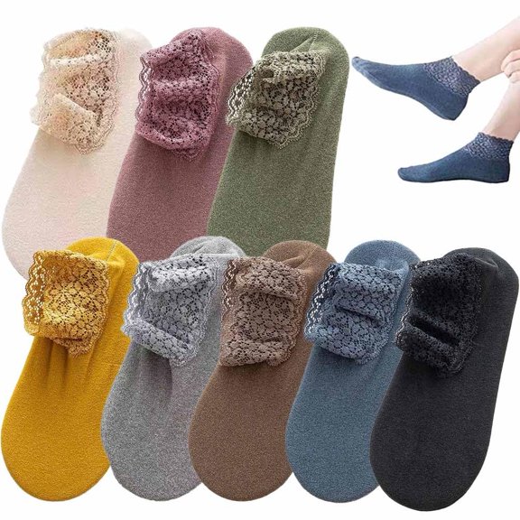Fashion Lace Warmer Socks, Fall Winter Ruffle Non Slip Ankle Socks with Lace Trim for Home and Floor Use(8Pairs,Mix)