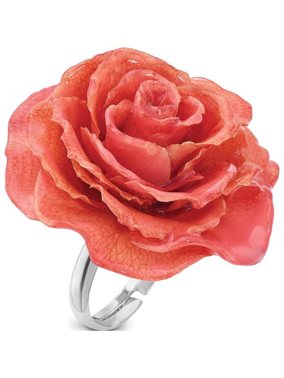 Lacquer Dipped Pink Real Rose Adjustable Silver-tone Ring