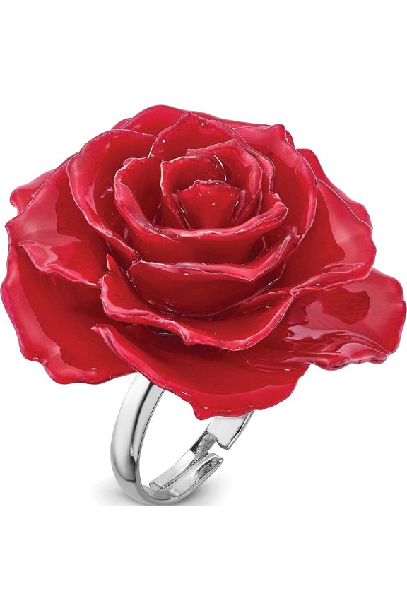 Fashion Lacquer Dipped Red Rose Adjustable Silver-Tone Ring Made In Thailand bf1327