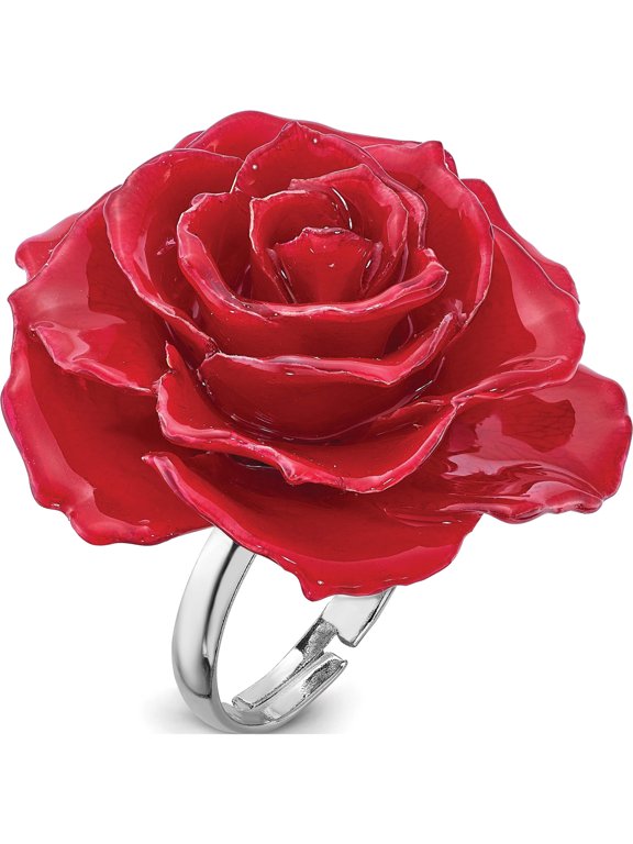 Lacquer Dipped Red Real Rose Adjustable Silver-tone Ring