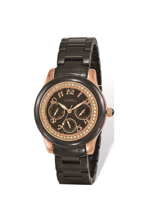 Fashion Ladies Chisel Rose Ip-Plated Black Dial Ceramic Watch (8 X 1.65) Made In China tpw115