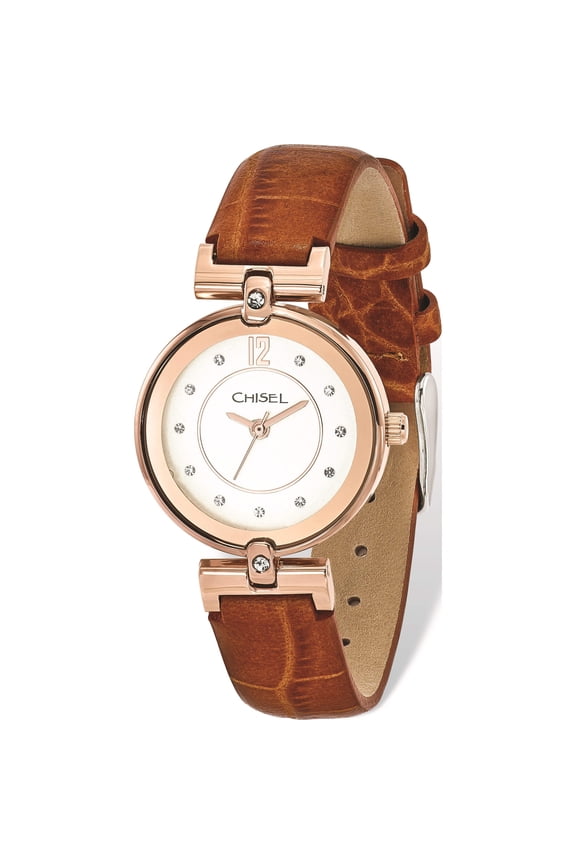 Fashion Ladies Chisel Rose Ip-Plated White Dial Brown Leather Watch (8 X 1.1) Made In China tpw107