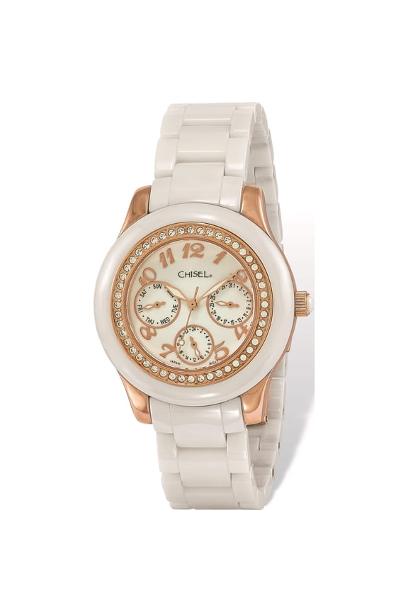 Fashion Ladies Chisel Rose Ip-Plated White Dial Ceramic Watch (8 X 1.65) Made In China tpw116