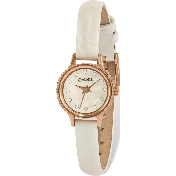 Fashion Ladies Chisel Stainless Steel Rose Ip-Plated White Leather Strap Watch (7.25 X 0.8) Made In China tpw94