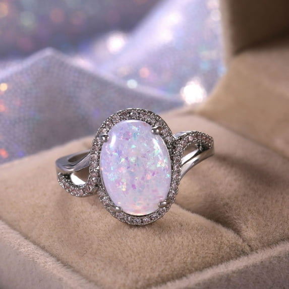 Fashion Ladies Copper Inlaid Zircon Artificial Oversized Opal Ring