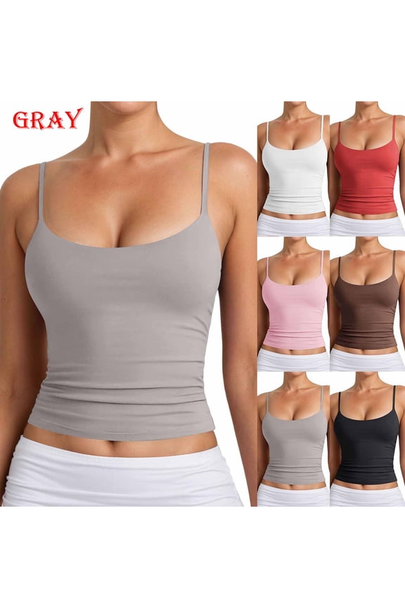 Fashion Ladies Tank Tops Blouse Women's Basic Double Lined Neck Tank Tops Adjustable Tank Summer Sleeveless Tops - Grey - XS