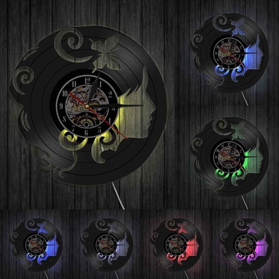 Fashion Lady With Butterfly Clip Wall Art Wall Clock Butterfly Girl Vinyl Record Wall Clock Artificial Floral Decor Gift Her With LED