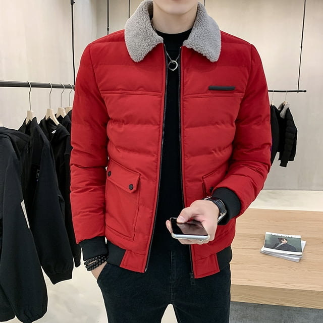 Fashion Lapel Fur Collar Warm Coat Fashion Parka Men Solid Color Slim