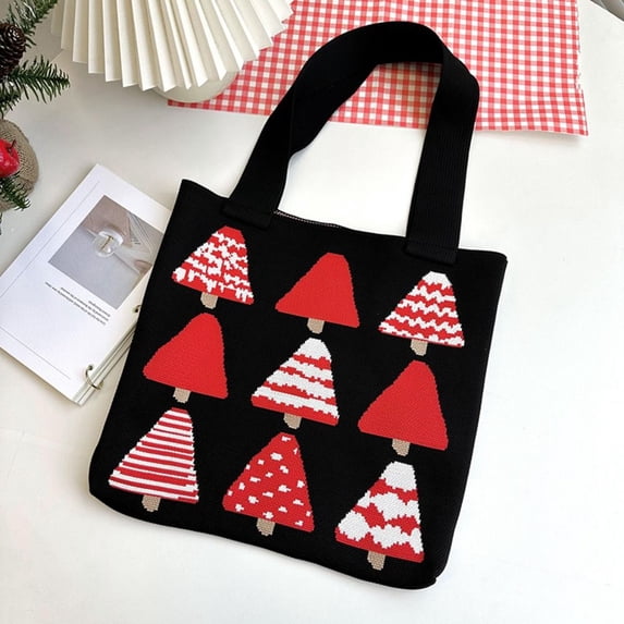 Fashion Large Capacity Polyester Reusable Shoulder Bags Handmade Knit Handbag Christmas Pine Handbag Christmas Handbag BLACK