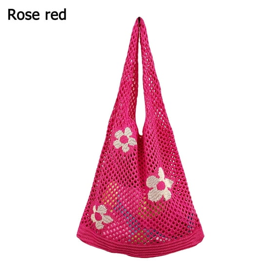 Fashion Large Capacity Tote Bag Hollow Woven Crochet Hobo Bag Knitting Handbags Shopping Bag Women Shoulder Bags ROSE RED