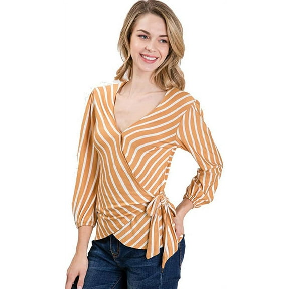Fashion Latitude 3/4 Sleeve Surplice Long Sleeve Side Tie Striped Wrap Top Blouse (Mustard & White, X-Large)