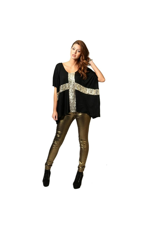 Gold Sequin Boho Glitter Bling Cross Short Sleeve Batwing Relaxed Top Loose Shirt