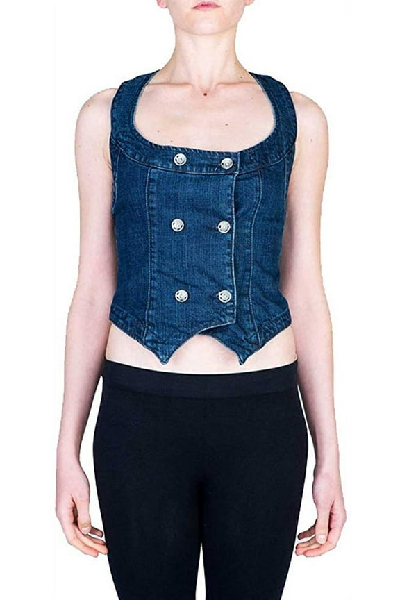 Women's Racerback Cropped denim Jeans Vest, Embellished with rhinestones (Medium)
