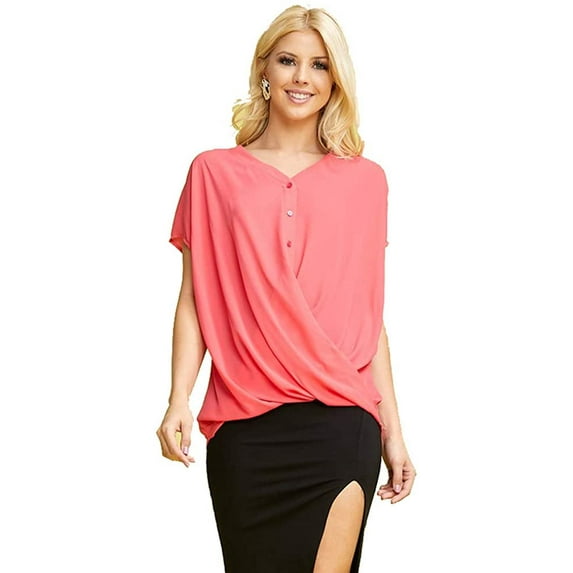 Fashion Latitude Women's Short Sleeve Button Down Shirt Draped Blouse Top V Neck (Coral, Large)