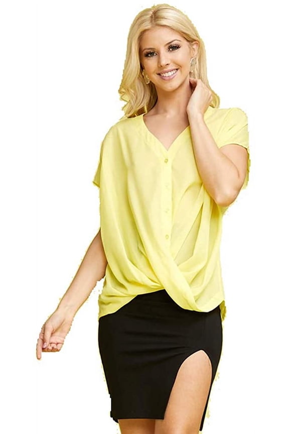 Women's Short Sleeve Button Down Shirt Draped Blouse Top V Neck (Yellow, X Large)