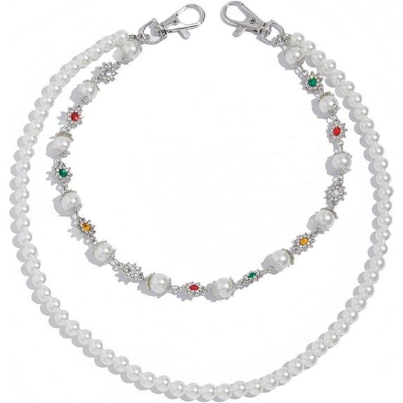 Fashion Layered Pants Wallet Chains - Exquisite Gold Silver Rhinestone Flower Pearl Jean Pocket Chain for Women Men Cute Bag Purse Charms Jewelry