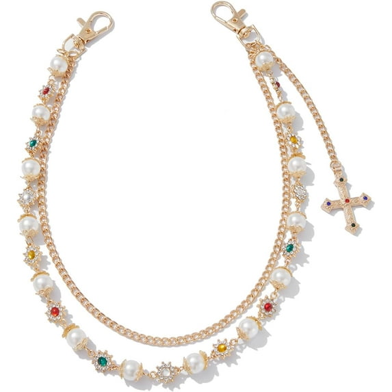 Fashion Layered Pants Wallet Chains - Exquisite Gold Silver Rhinestone Flower Pearl Jean Pocket Chain for Women Men Cute Bag Purse Charms Jewelry