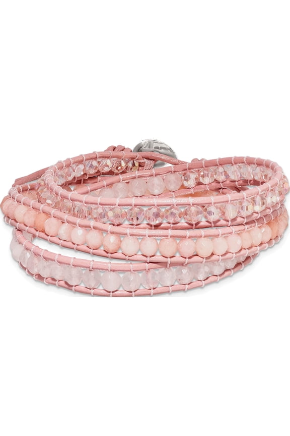 Fashion Leather Rose/Pink Quartz Crystal Multi Wrap/ Button Bracelet Made In Thailand bf2091