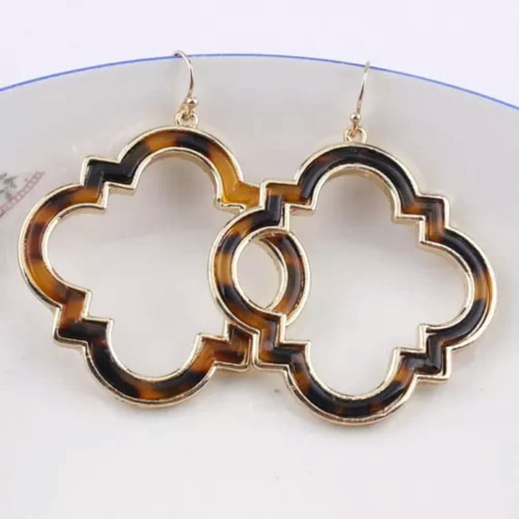 Fashion Leopard Hollow Quatrefoil Flower Frame Leather Earrings Boutique Jewelry