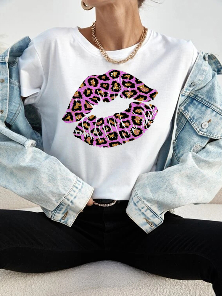 Fashion Leopard Lips Print T Shirt Women Casual Tshirts Tees Harajuku ...