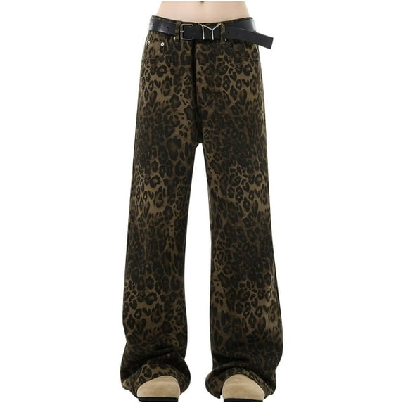 Fashion Leopard Print Jeans for Women High Waisted Stretchy Wide Leg Denim Pants Multiple Leopard Types(Plus Size)