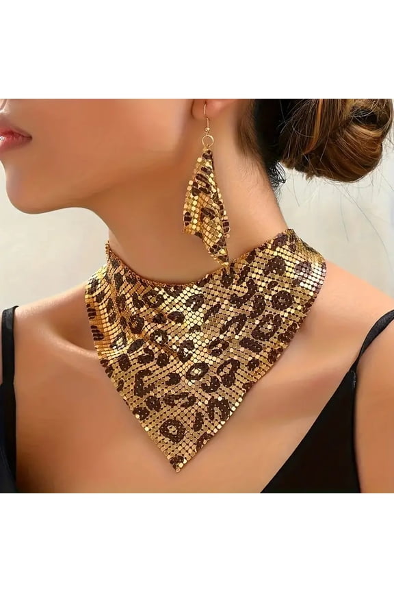 Fashion Leopard Print Jewelry Set, Sexy Bib Necklace & Dangle Earrings,For Women, Perfect For Banquets, Daily Wear, Summer Beach Parties & Music Festivals