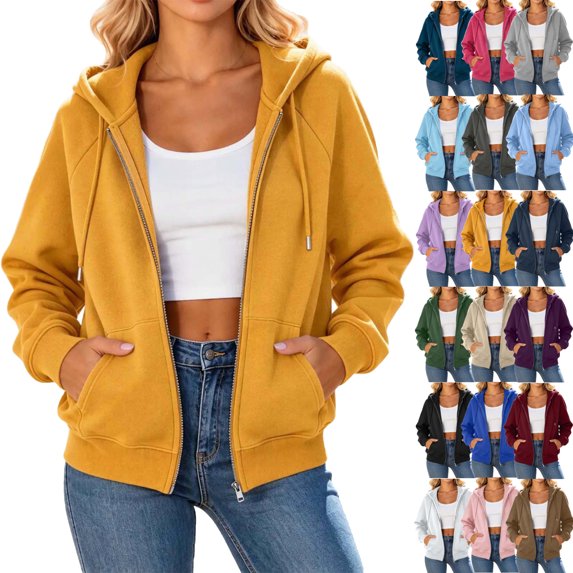 Fashion Lightweight Hoodies for Womens Pullover Full-Zip Up Casual Comfortable Solid Color Hoodie Drawstring Long Sleeve Pockets Hooded Sweatshirt Coat