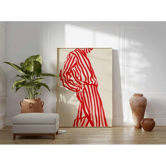 Fashion Line Art Poster – Bold Red Striped Suit Abstract Wall Print, Modern Minimalist Illustration Style Artwork for Living Room or Studio, 24x36 UNFRAMED