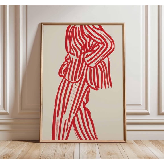 Fashion Line Art Poster Red Striped Suit Abstract Wall Art Decor, Unframed Poster