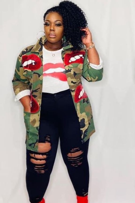 Fashion Lip Print Camo Jacket (L, ArmyGreen)