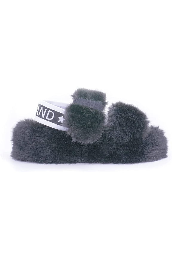 Fashion Long Fur Slides adjustable Black furry high heel slippers Sandals (7-8, Black)