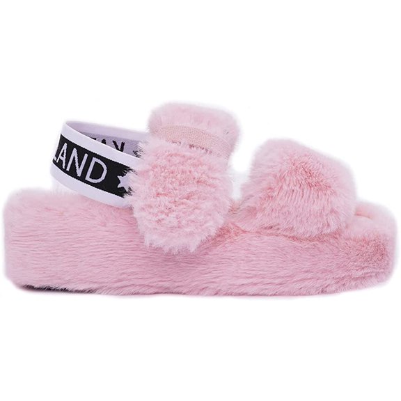 Fashion Long Fur Slides adjustable Black furry high heel slippers Sandals (7-8, Pink)