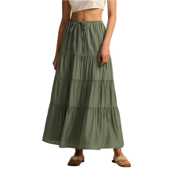 Fashion Long Skirts for Women Elastic Waistband Flowy Boho Maxi Skirt Summer Vacation Outfits A-Line Dress Green S