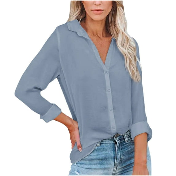 Fashion Long Sleeve Shirt for Womens Button Down Blouse Loose Fit Casual V-Neck Tops Solid Color Tunic Blouses
