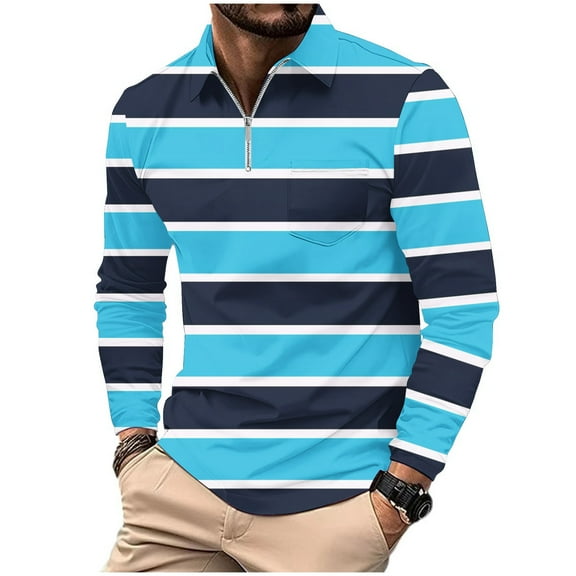 Fashion Long Sleeve Shirts for Mens Plus Size Casual Striped Printed Zipper T-shirt Shirt d Lapel Top/shirt Save to 65% Off!