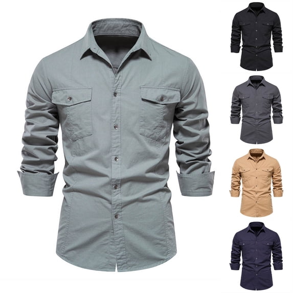 Fashion Long Sleeve Shirts for Mens Plus Size Solid Color Shirt d Lapel Pocket Casual Bottom Shirt Cardigan Shirt Top Blouse Save to 65% Off!