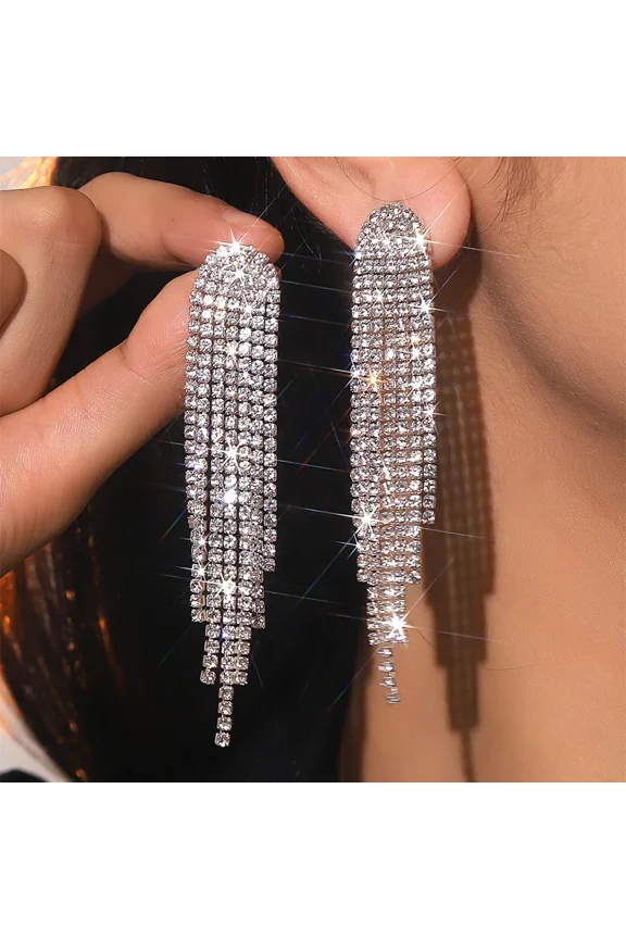 Fashion Long Tassel Drop Earrings for Women Black Gold Silver Color Rhinestone Dangle Earring Wedding Party Jewelry