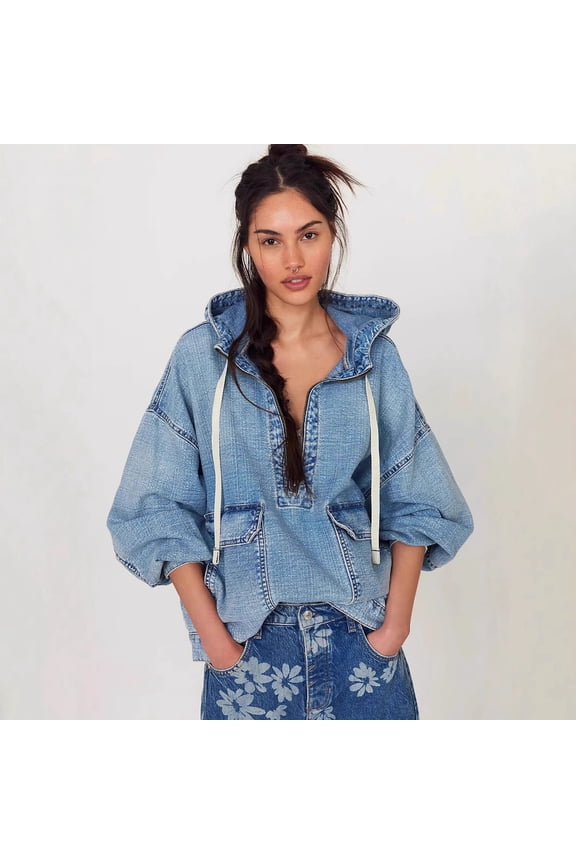 Fashion Loose Casual Washed Hooded Denim Long Sleeve Top