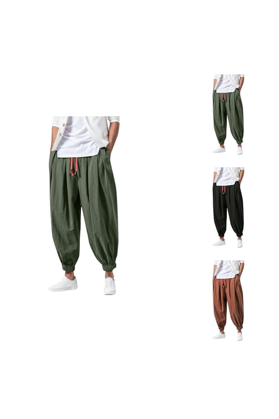 Fashion Loose Casual Wide Leg Harem Pants for Men – Elastic Waist, Drop Crotch, Linen-Blend Boho Joggers, Vintage Hippie Style, Plus Size Available