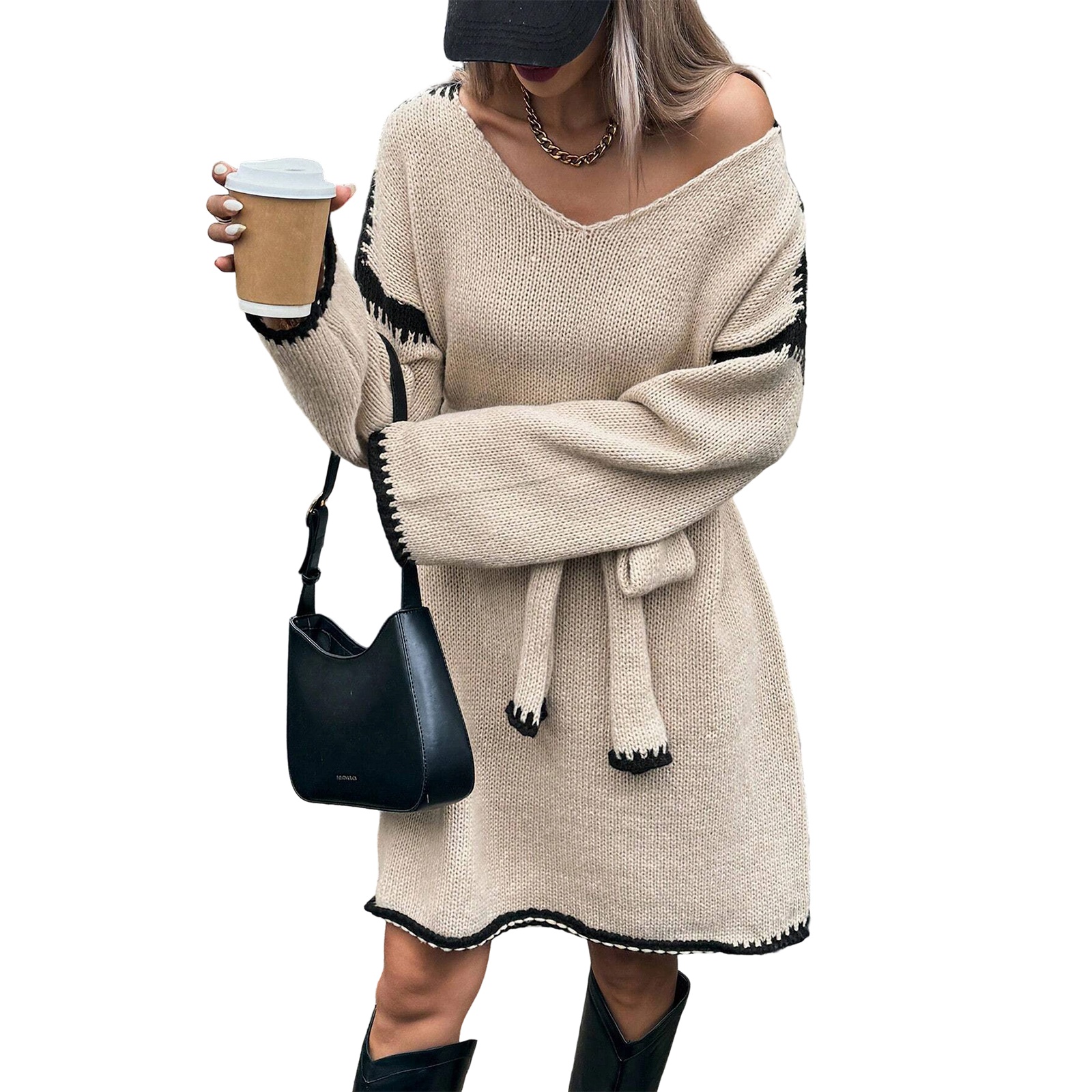 Women's Chunky Knit Sweater - Oversized Crewneck, Puff Sleeves, Stripe Pattern (White-Pink-Light Blue)
