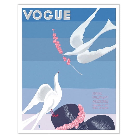 Fashion Magazine - Feb 15, 1933 - Spring Millinery Accessories - Doves - Vintage Magazine Cover by Georges Lepape - Fine Art Matte Paper Print (Unframed) 11x14in