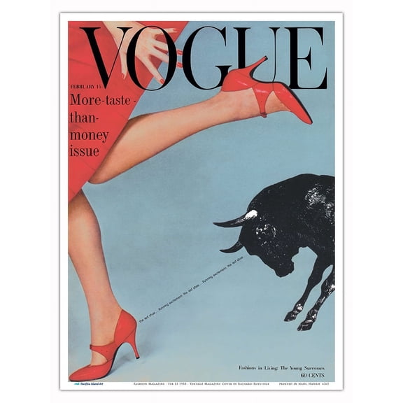 Fashion Magazine - Feb 15 1958 - The Red Shoe - Running with the Bulls - Vintage Magazine Cover by Richard Rutledge - Master Art Print (Unframed) 9in x 12in