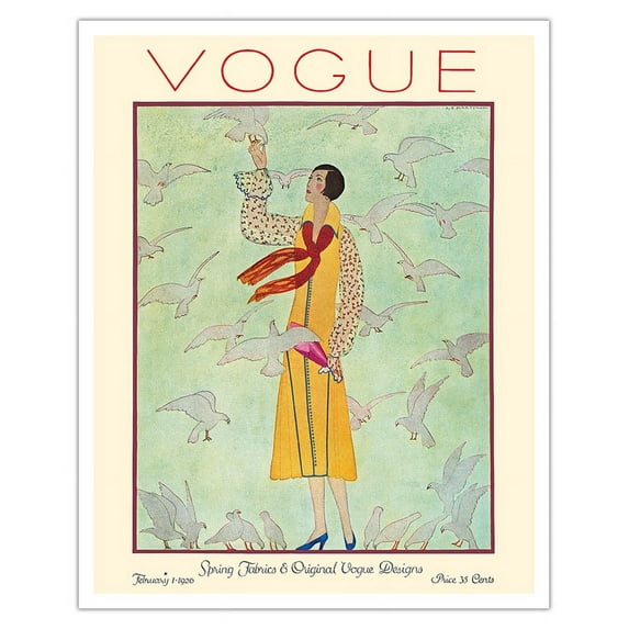 Fashion Magazine - February 1 1926 - Lady Feeding Flock of Birds - Vintage Magazine Cover by André E. Marty c.1926 - Fine Art Matte Paper Print (Unframed) 16x20in